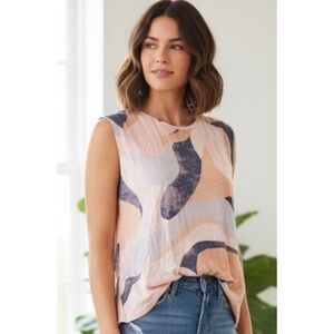 Rachel Zoe Abstract Print Linen Button Back Top Pastel Colors Size XL